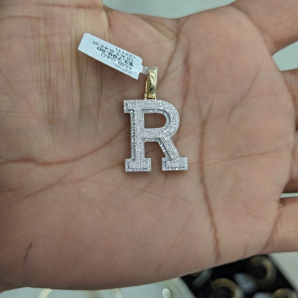Real Diamond 10kt Gold Initial R Block Letter Pendant
